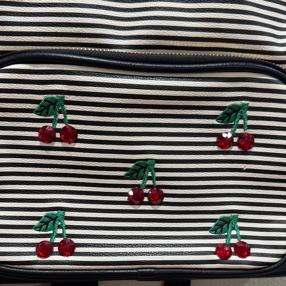 🖤🍒 Betsey Johnson Black & White Striped Backpack w/ Cherries & Floral Interior - Picture 2 of 7
